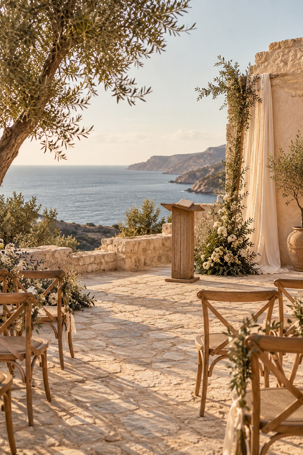 Ambientación ilustrativa de una ceremonia junto al Mediterráneo, con flores blancas y olivos