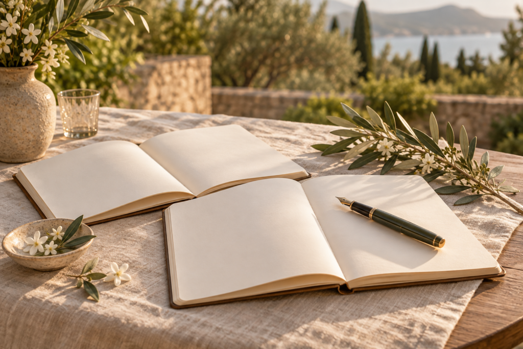 Cuadernos, una pluma y ramas de olivo sobre una mesa, imagen ilustrativa de la preparación de una ceremonia